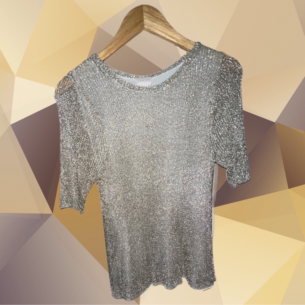 CHICO'S - BLACK LABEL Gold/Sliver Metallic Ainsley Pullover 3/4 Sleeve Sweater